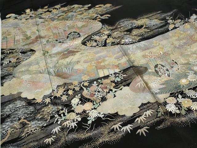 平和屋着物●豪華黒留袖　作家物　御所車鶴草花文　金銀彩　正絹　逸品　CABI9691ut