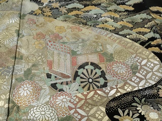 平和屋着物●豪華黒留袖　作家物　御所車鶴草花文　金銀彩　正絹　逸品　CABI9691ut