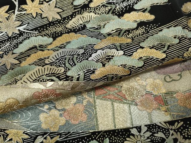 平和屋着物●豪華黒留袖　作家物　御所車鶴草花文　金銀彩　正絹　逸品　CABI9691ut