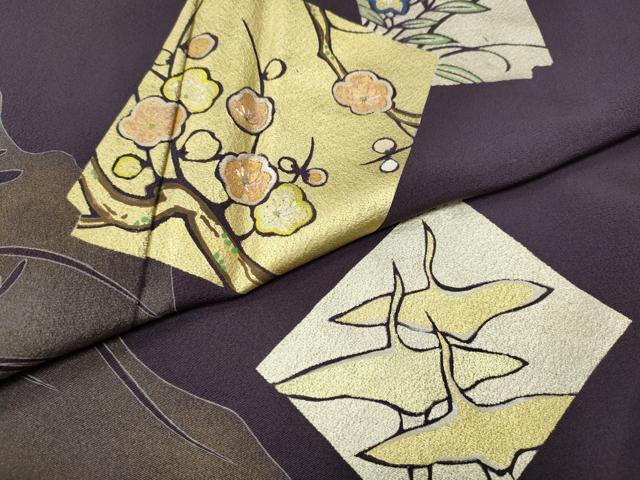 平和屋着物●訪問着　刺繍　破れ色紙飛鶴草花文　金銀彩　正絹　逸品　CABI9702ut