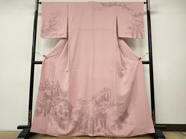 平和屋着物●訪問着　手描き　流水草花文　正絹　逸品　未使用　CABI9713ut