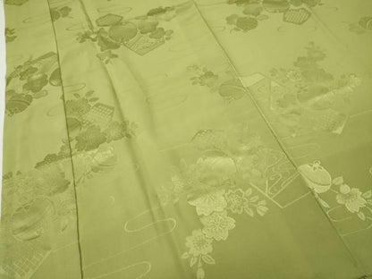 平和屋着物●振袖用長襦袢　袷　舞花鈴地紋　抹茶色　正絹　逸品　CABI9715ut