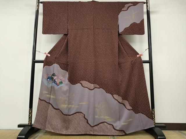 平和屋着物●訪問着　絞り　地紙人物御所車花文　金銀彩　正絹　逸品　CABI9732ut