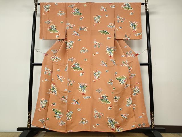 平和屋着物●上質な小紋　型染め　花鳥文　鬼しぼ縮緬　正絹　逸品　CABI9750ut