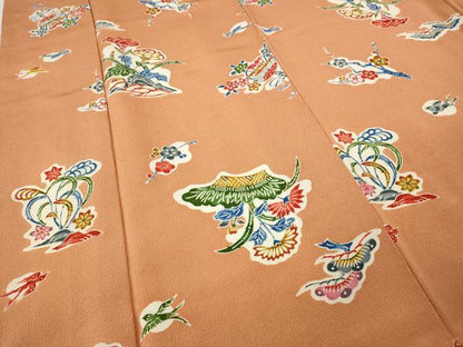 平和屋着物●上質な小紋　型染め　花鳥文　鬼しぼ縮緬　正絹　逸品　CABI9750ut