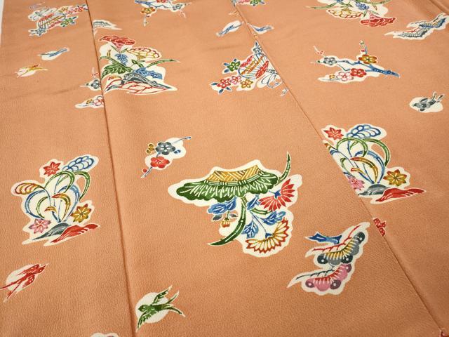 平和屋着物●上質な小紋　型染め　花鳥文　鬼しぼ縮緬　正絹　逸品　CABI9750ut