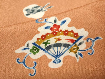 平和屋着物●上質な小紋　型染め　花鳥文　鬼しぼ縮緬　正絹　逸品　CABI9750ut