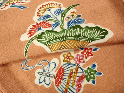 平和屋着物●上質な小紋　型染め　花鳥文　鬼しぼ縮緬　正絹　逸品　CABI9750ut