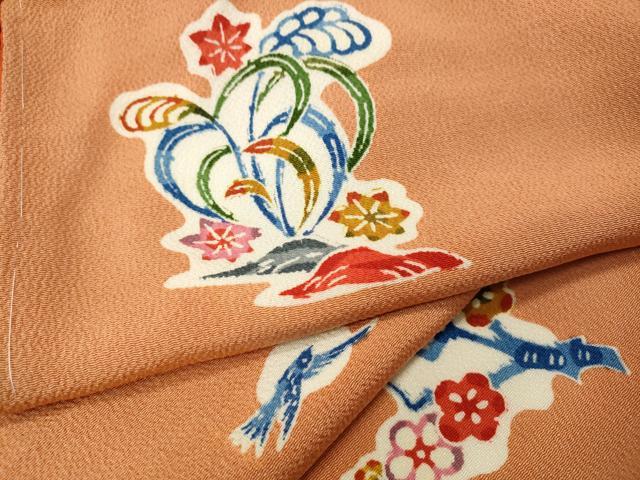 平和屋着物●上質な小紋　型染め　花鳥文　鬼しぼ縮緬　正絹　逸品　CABI9750ut