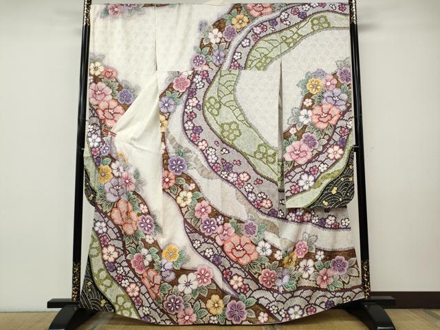 平和屋着物●豪華振袖　駒刺繍　絞り　道長舞花文　金彩　正絹　逸品　CABI9755ut