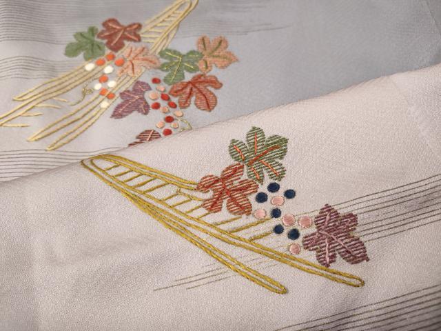 平和屋着物●訪問着　刺繍　葡萄蔦の葉船文　暈し染め　金彩　正絹　逸品　未使用　CABI9762ut