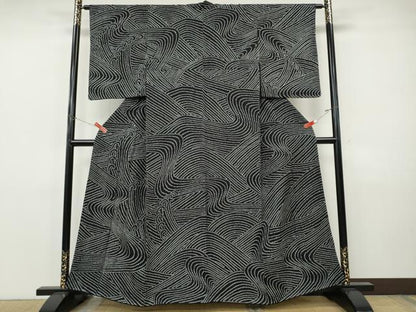 平和屋着物●訪問着　総絞り　立波文　黒地　正絹　逸品　CABI9771ut