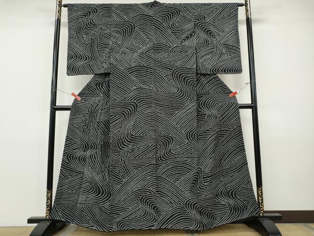 平和屋着物●訪問着　総絞り　立波文　黒地　正絹　逸品　CABI9771ut