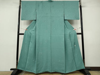 平和屋着物●本加賀友禅作家　柿本市郎監修　色無地　草花地紋　錆浅葱色　正絹　逸品　CABI9780ut