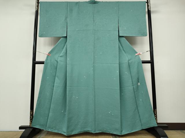平和屋着物●本加賀友禅作家　柿本市郎監修　色無地　草花地紋　錆浅葱色　正絹　逸品　CABI9780ut