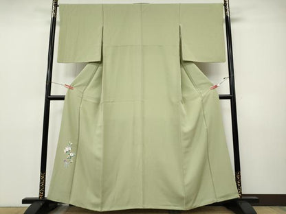 平和屋着物▼豪華色留袖　友禅　枝花文　抹茶色　正絹　逸品　CABI9781ut