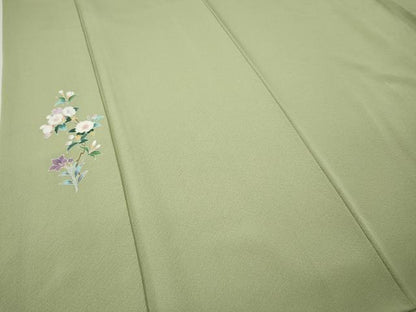 平和屋着物▼豪華色留袖　友禅　枝花文　抹茶色　正絹　逸品　CABI9781ut
