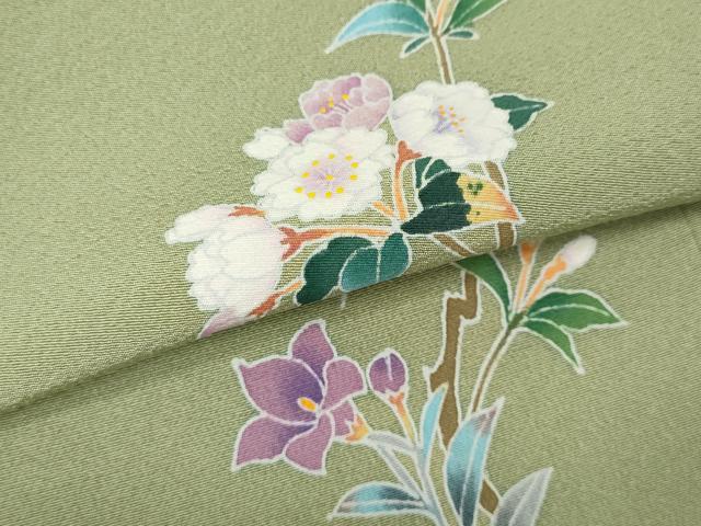平和屋着物▼豪華色留袖　友禅　枝花文　抹茶色　正絹　逸品　CABI9781ut