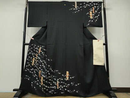 平和屋着物●銀座きしや　訪問着　刺繍　短冊枝花文　黒地　金彩　反端付き　正絹　逸品　CABI9797ut