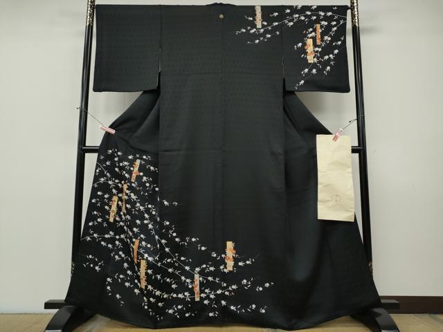 平和屋着物●銀座きしや　訪問着　刺繍　短冊枝花文　黒地　金彩　反端付き　正絹　逸品　CABI9797ut