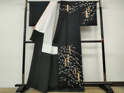 平和屋着物●銀座きしや　訪問着　刺繍　短冊枝花文　黒地　金彩　反端付き　正絹　逸品　CABI9797ut