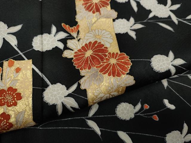 平和屋着物●銀座きしや　訪問着　刺繍　短冊枝花文　黒地　金彩　反端付き　正絹　逸品　CABI9797ut