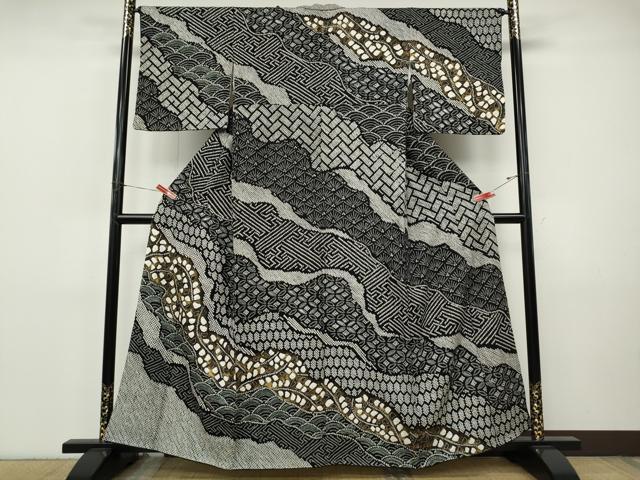 平和屋着物●訪問着　総絞り　道長吉祥文　黒地　金彩　正絹　逸品　CABI9801ut