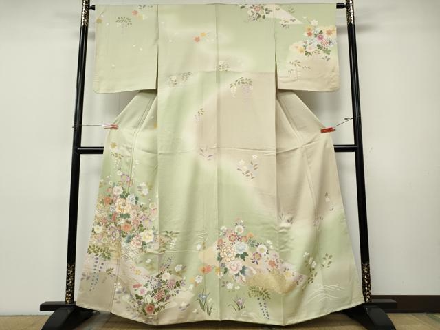 平和屋着物●訪問着　作家物　刺繍　草花文　暈し染め　金彩　正絹　逸品　CABI9807ut