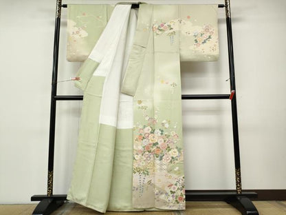 平和屋着物●訪問着　作家物　刺繍　草花文　暈し染め　金彩　正絹　逸品　CABI9807ut