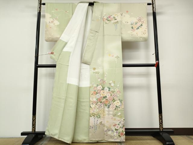 平和屋着物●訪問着　作家物　刺繍　草花文　暈し染め　金彩　正絹　逸品　CABI9807ut