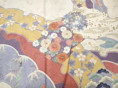 平和屋着物●小振袖　雪芝草花文　金彩　正絹　逸品　CABI9815ut