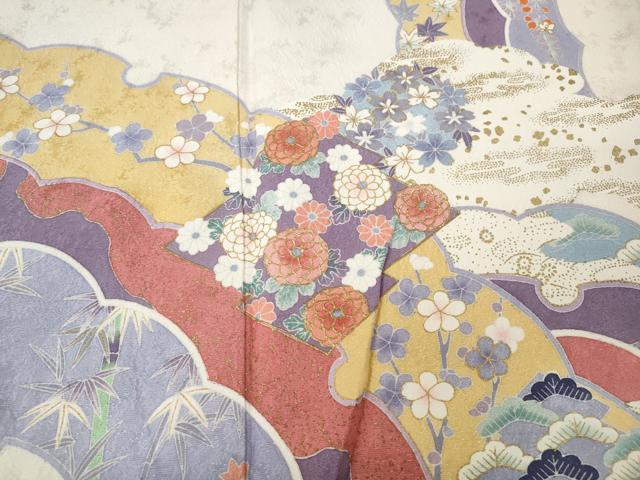 平和屋着物●小振袖　雪芝草花文　金彩　正絹　逸品　CABI9815ut