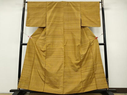 平和屋着物●黄八丈　紬　平織　格子柄　正絹　逸品　CABI9817ut