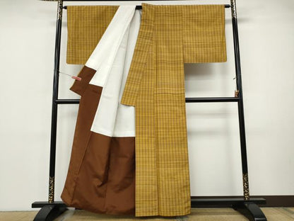 平和屋着物●黄八丈　紬　平織　格子柄　正絹　逸品　CABI9817ut