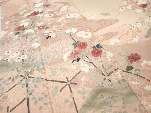 平和屋着物●訪問着　流水草花文　暈し染め　金彩　正絹　逸品　CABI9834ut