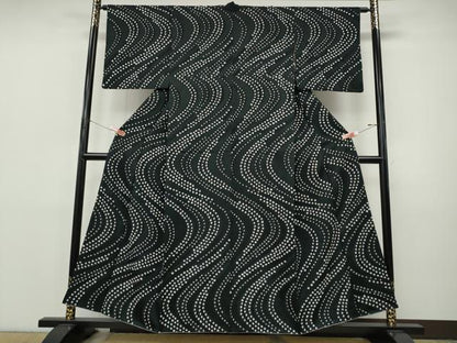 平和屋着物●上質な小紋　総絞り　流水文　黒地　正絹　逸品　CABI9846ut