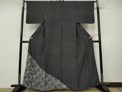 平和屋着物●色留訪問着　型染め　舞菊文　黒地　正絹　逸品　CABI9860ut