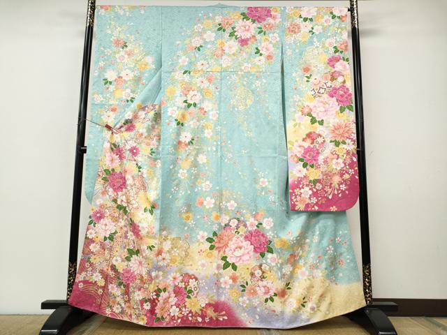 平和屋着物●豪華振袖　刺繍　束ね熨斗雪輪花文　暈し染め　金彩　正絹　逸品　CABI9874ut