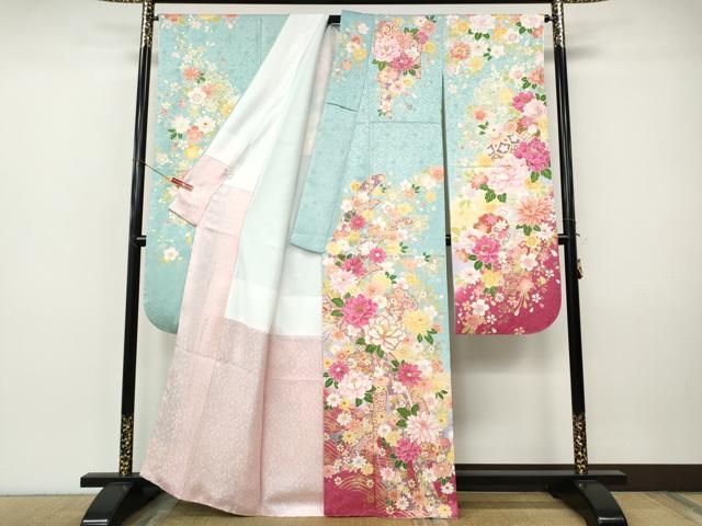 平和屋着物●豪華振袖　刺繍　束ね熨斗雪輪花文　暈し染め　金彩　正絹　逸品　CABI9874ut