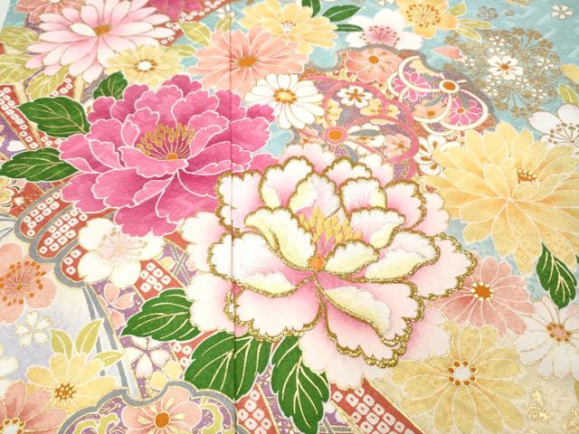 平和屋着物●豪華振袖　刺繍　束ね熨斗雪輪花文　暈し染め　金彩　正絹　逸品　CABI9874ut