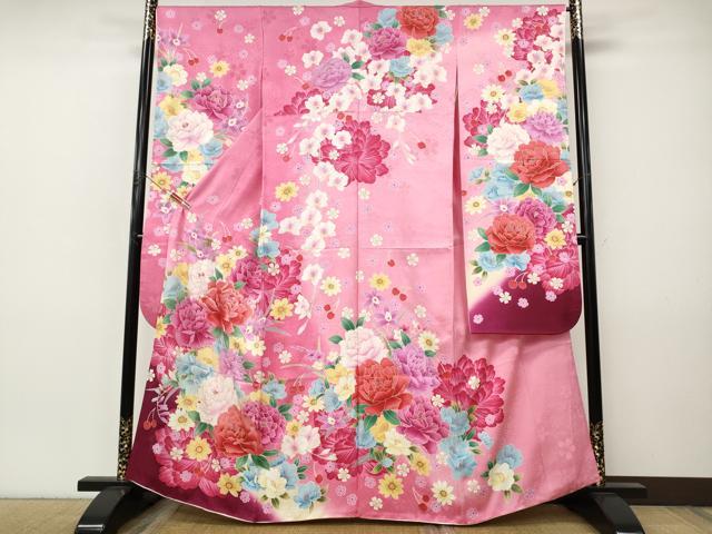 平和屋着物●豪華振袖　刺繍　さくらんぼ　舞花文　暈し染め　金彩　正絹　逸品　CABI9875ut