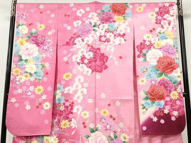 平和屋着物●豪華振袖　刺繍　さくらんぼ　舞花文　暈し染め　金彩　正絹　逸品　CABI9875ut