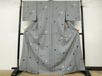平和屋着物●小紋　千鳥格子　犬　リボン　洗える着物　CABI9876ut
