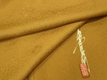 平和屋着物●本草木染作家　瑞寶　色無地　花蝶地紋　山吹色　ロング丈　正絹　逸品　未使用　CABI9880ut