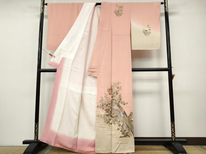 平和屋着物●訪問着　尾長鳥流水花文　暈し染め　金銀彩　正絹　逸品　CABI9895ut