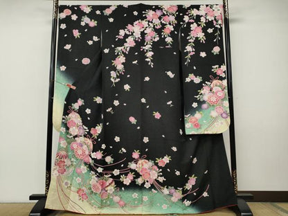 平和屋着物●豪華振袖　花鞠文　暈し染め　黒地　金通し地　正絹　逸品　CABI9924ut