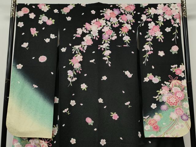 平和屋着物●豪華振袖　花鞠文　暈し染め　黒地　金通し地　正絹　逸品　CABI9924ut
