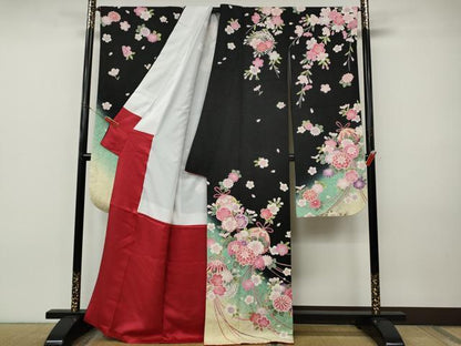 平和屋着物●豪華振袖　花鞠文　暈し染め　黒地　金通し地　正絹　逸品　CABI9924ut
