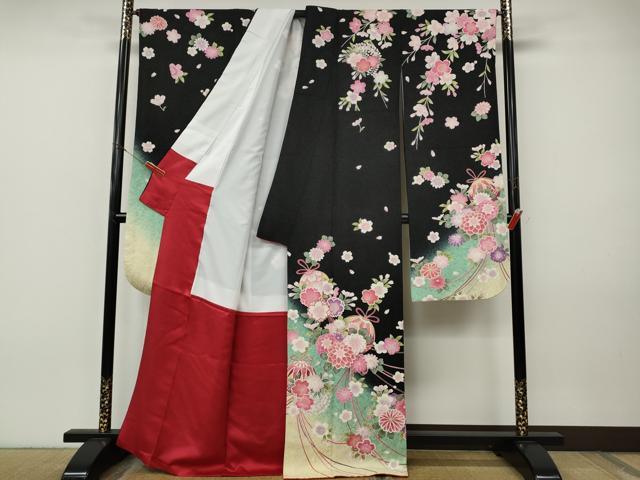 平和屋着物●豪華振袖　花鞠文　暈し染め　黒地　金通し地　正絹　逸品　CABI9924ut