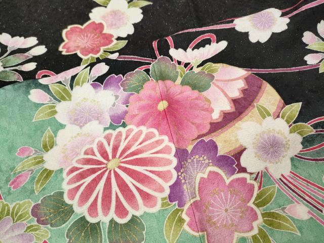 平和屋着物●豪華振袖　花鞠文　暈し染め　黒地　金通し地　正絹　逸品　CABI9924ut